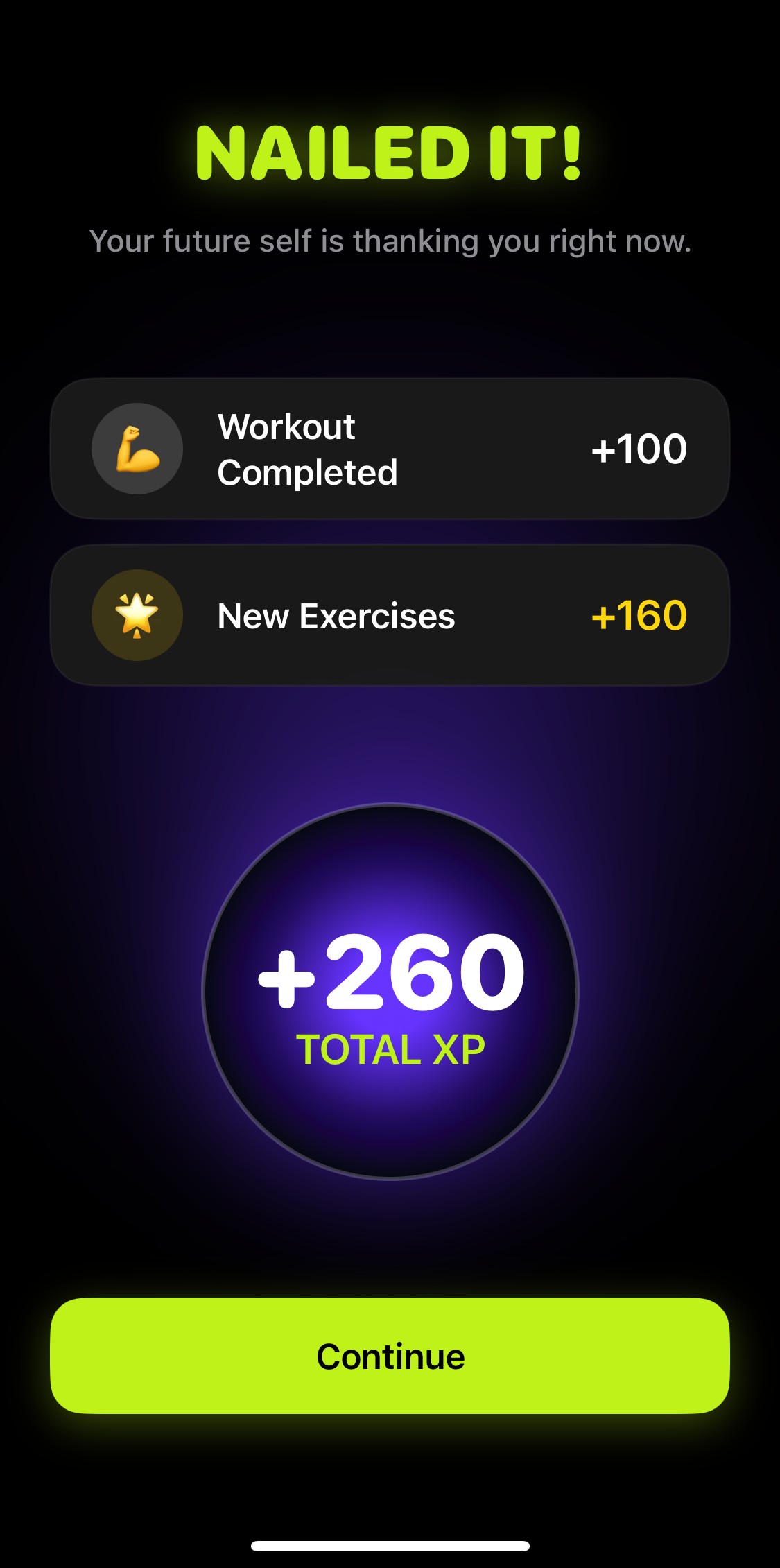 Incli AI workout complete screen with XP rewards